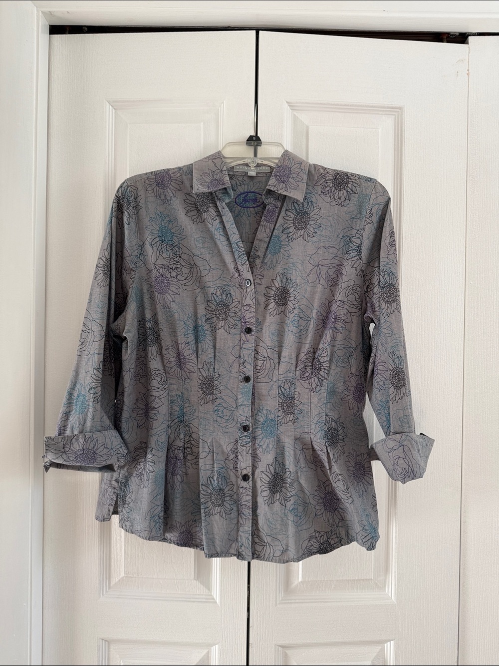 Foxcroft Gray Floral Button-Down Shirt with Blue and Purple Accents
